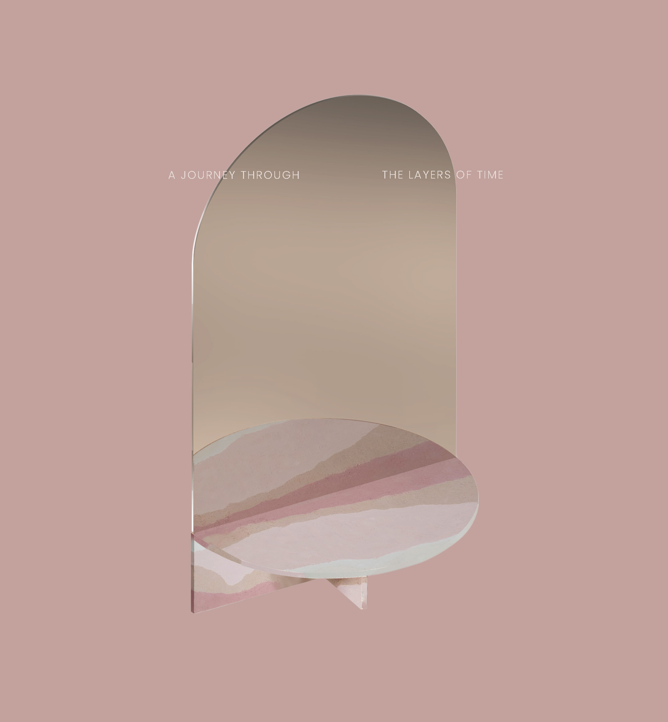 Stratigrafica collection: render of an arched mirror with a layered disc on a mauve ground
