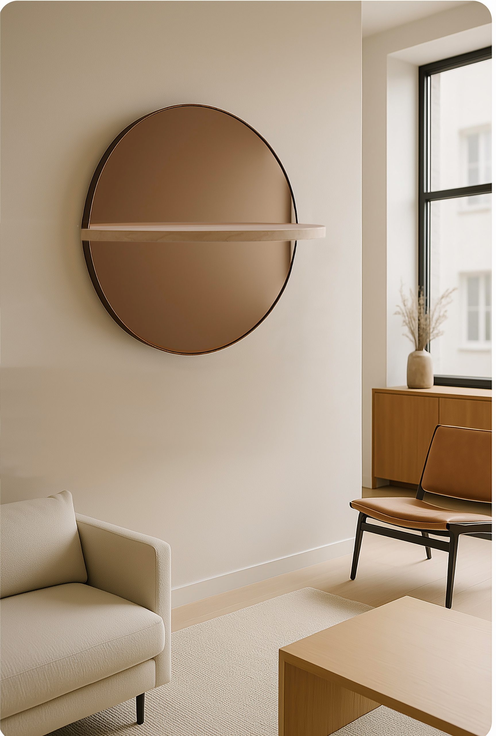 Stratigrafica collection: round mirror with a stone shelf above a lounge chair