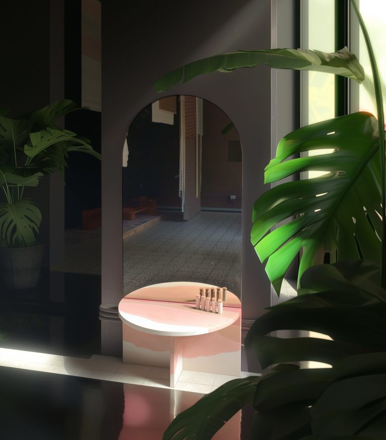 Concept render of a Stratigrafica arched mirror with a pink round shelf, in a dark room with tropical plants.