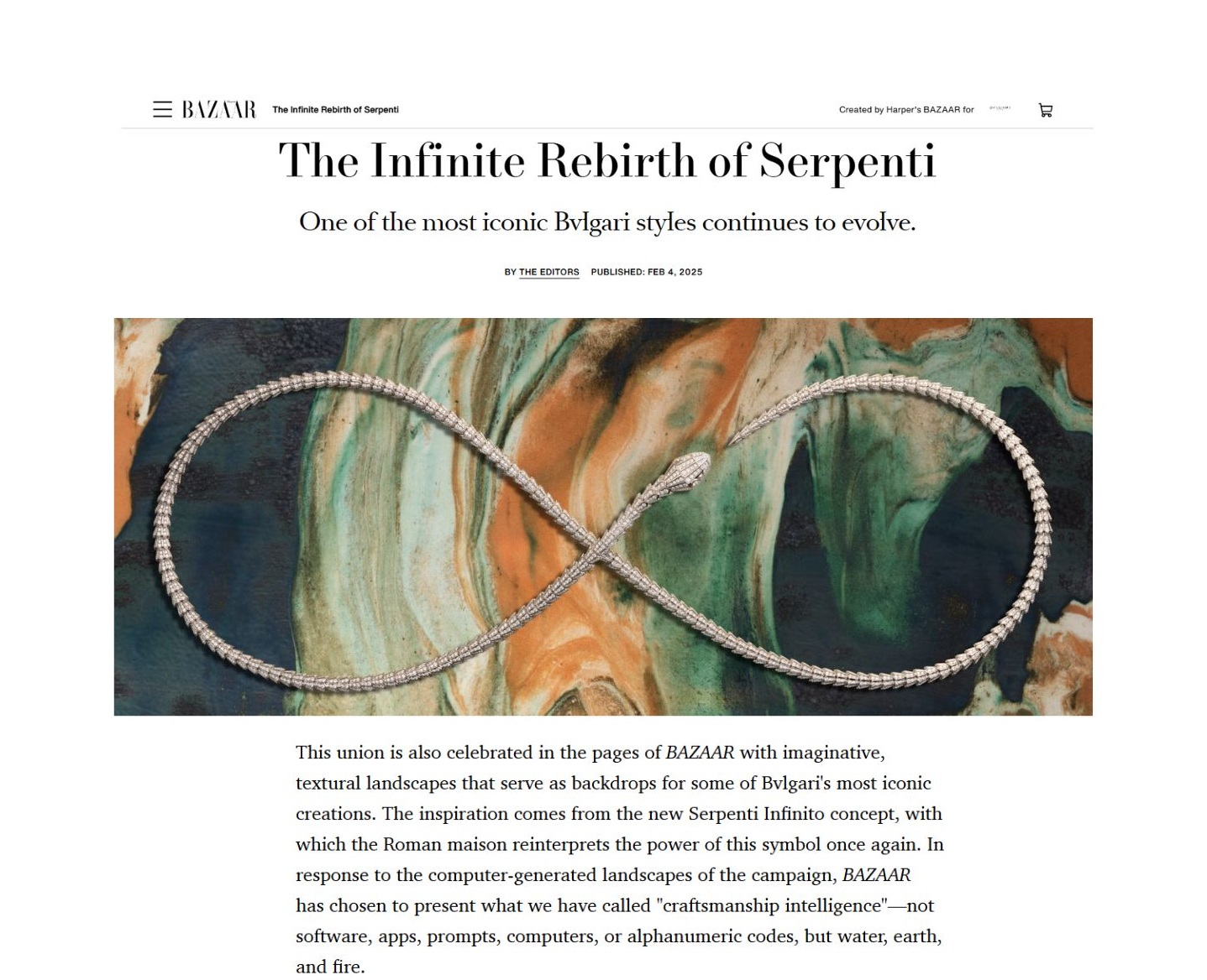Harper's Bazaar: The Infinite Rebirth of Serpenti, Bvlgari necklace on a marbled background