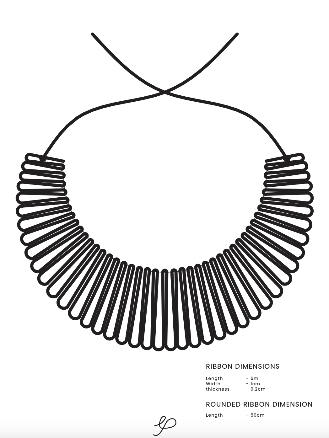 Technical drawing of the Plissè pleated ribbon necklace with its dimensions.