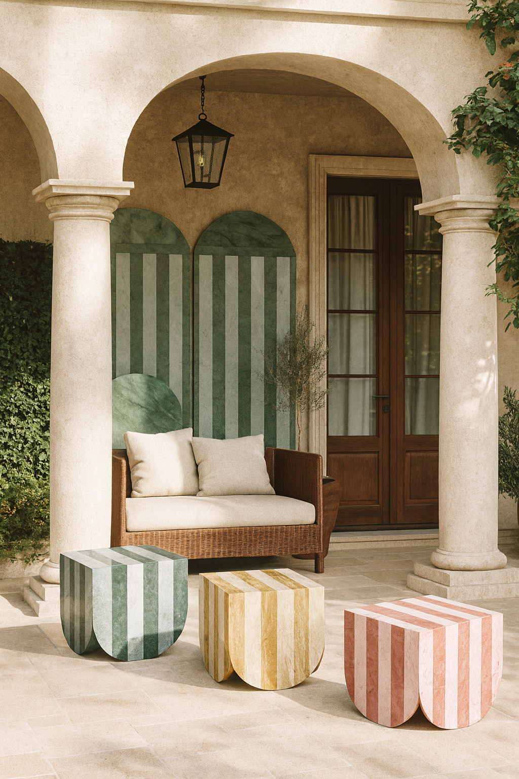 Concept render of the Capri table collection: striped side tables in green, yellow and pink under an arched Mediterranean portico.