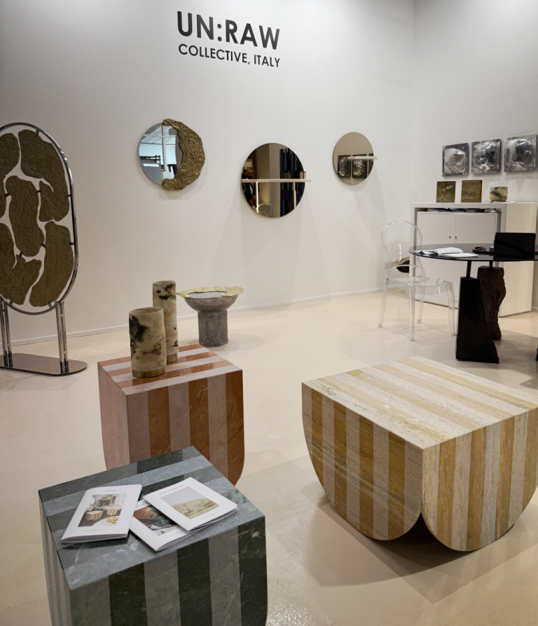 Capri tables in striped marble at the UN:RAW Collective stand at Downtown Design Riyadh.
