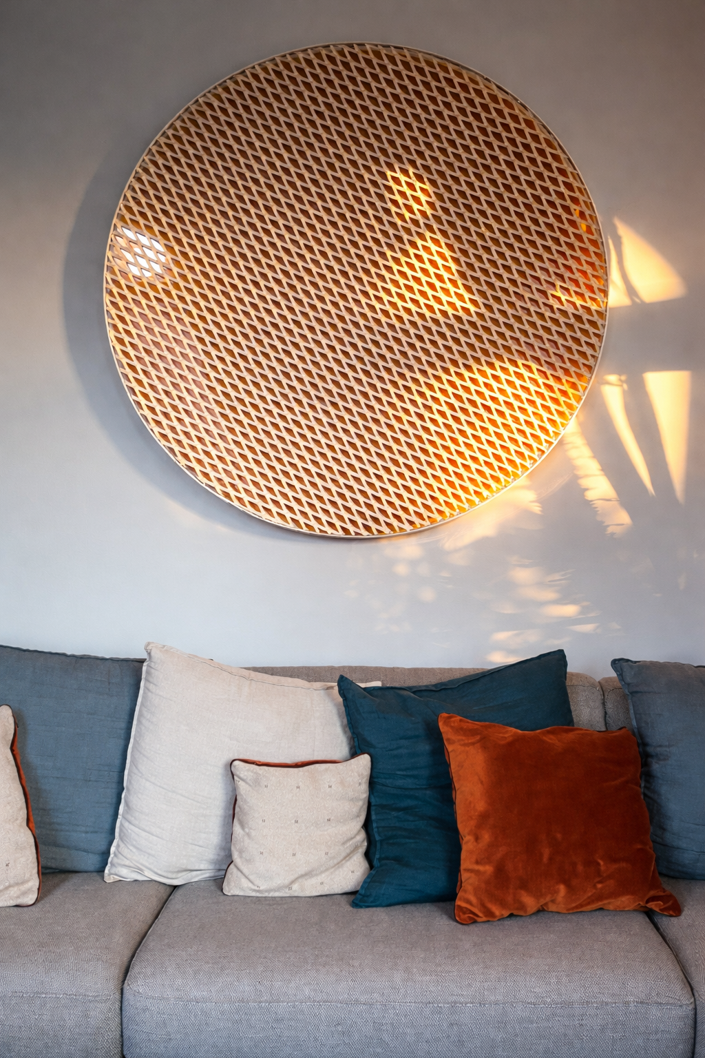 SUN: expanded metal disc mounted above a sofa with cushions