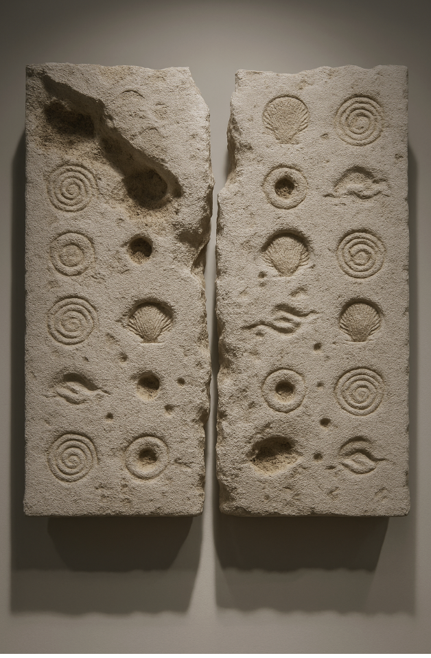 The Code of Sisyphus III: pair of pale ceramic tablets with spiral and shell impressions