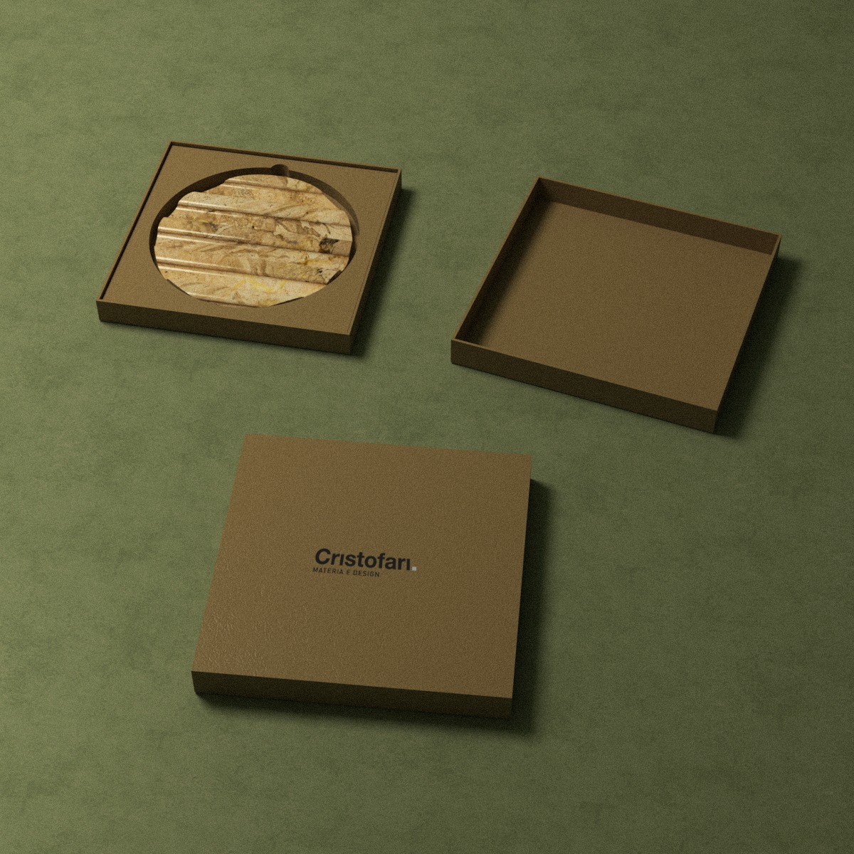 Ceramic pen holder gift set for Cristofari in kraft boxes on a green background, designed by Elena Pelosi.