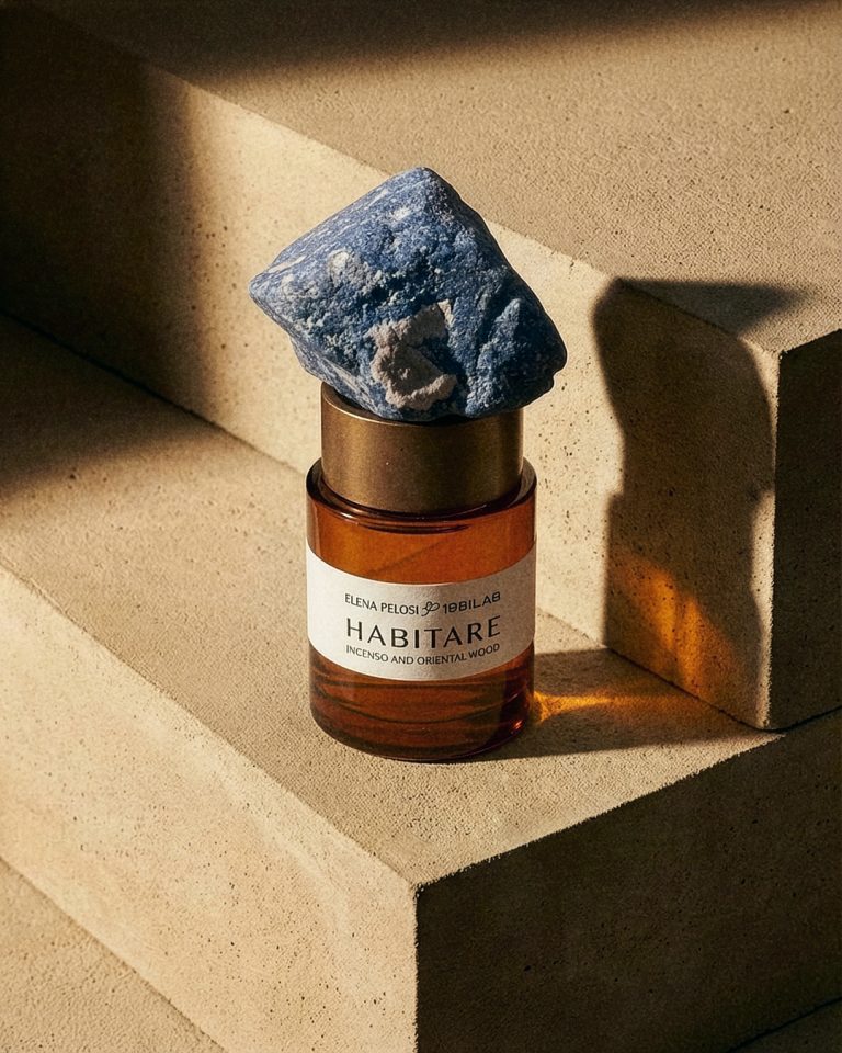 HABITARE fragrance bottle topped with a blue mineral, on a concrete step in raking light.
