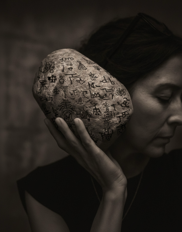 Time Capsules: woman holding an engraved ceramic stone to her ear