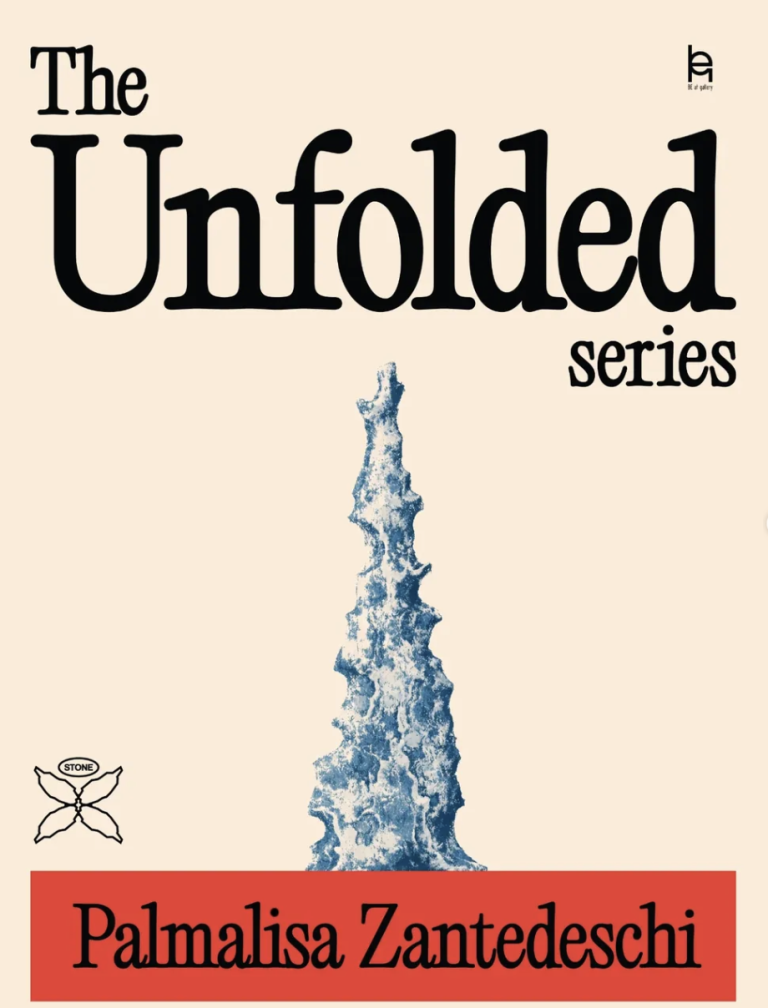 The Unfolded Series: exhibition poster with a blue and white ceramic spire
