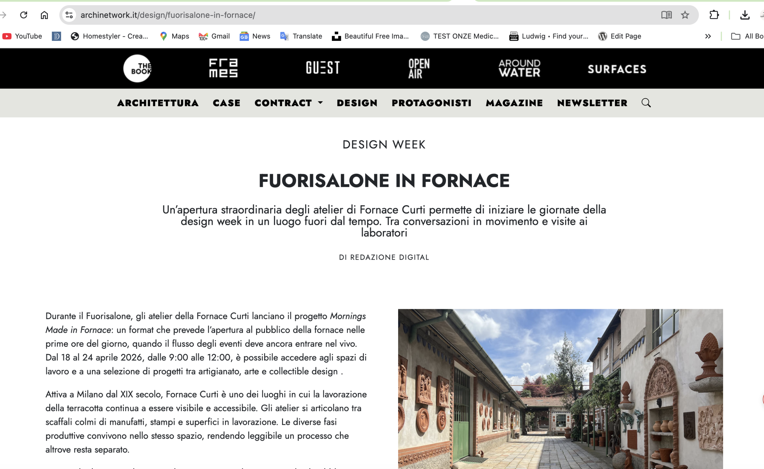 Archinetwork: Fuorisalone in Fornace article with the Fornace Curti courtyard