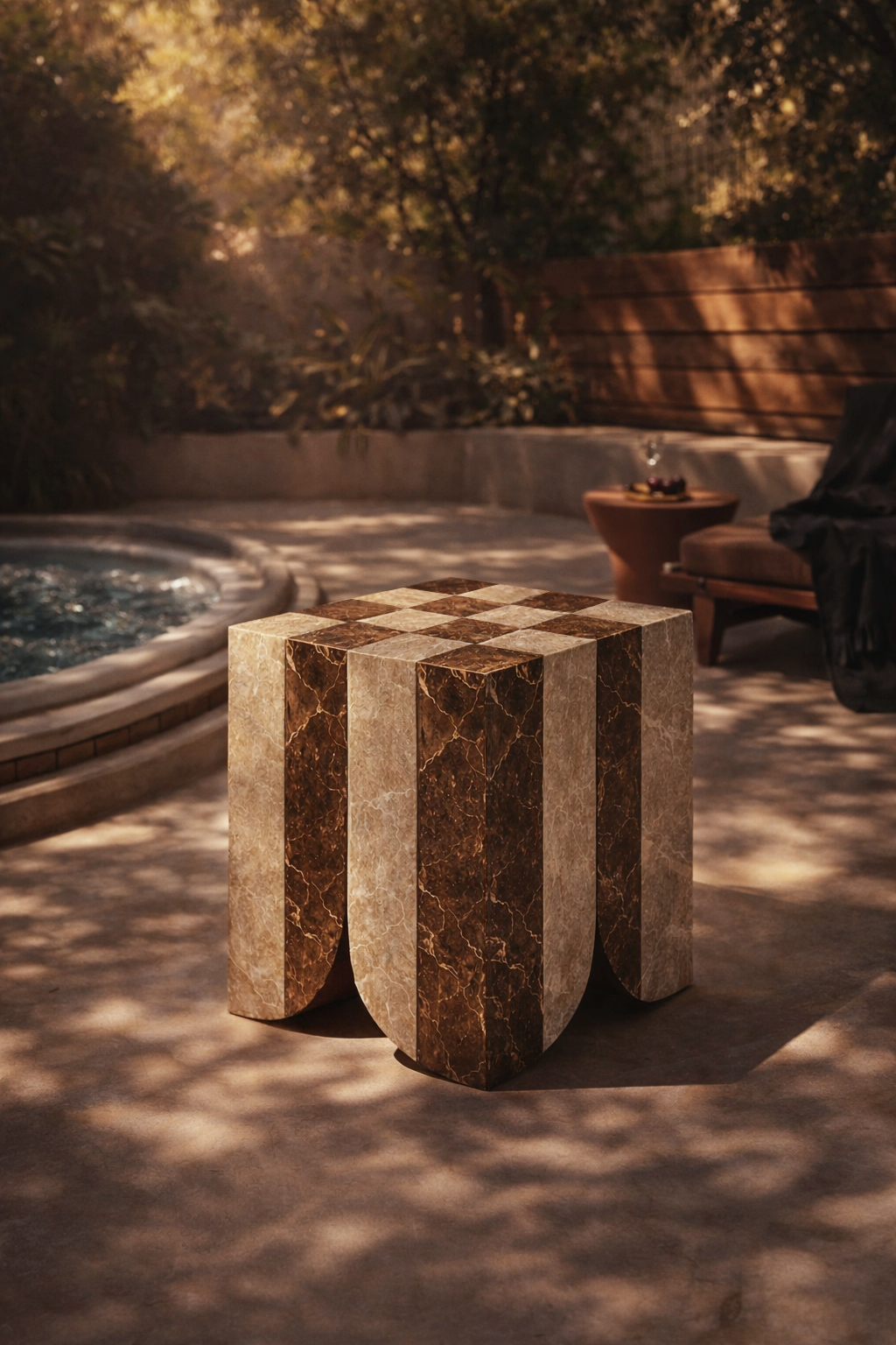 Atlas collection: brown marble side table on a terrace in dappled light