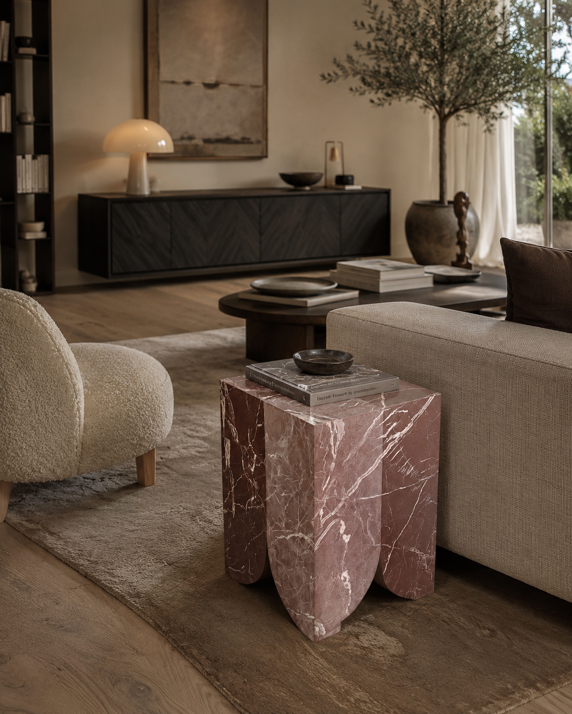 Atlas collection: red veined marble side table in a living room