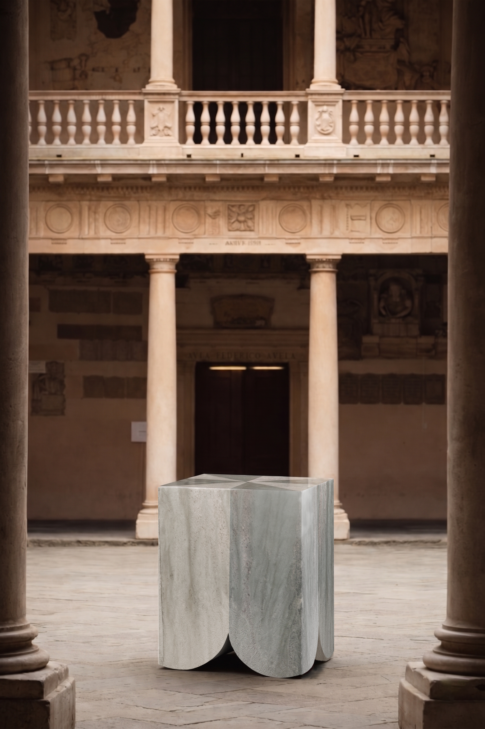 Atlas collection: render of a grey marble side table in a colonnaded courtyard