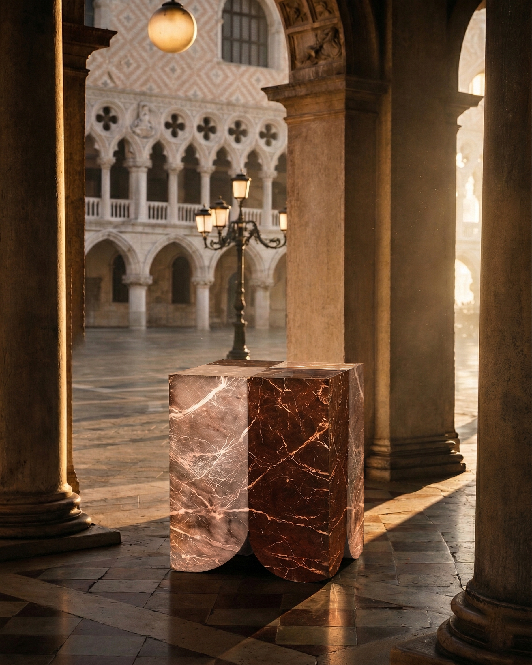 Atlas collection: render of a red veined marble side table under a Venetian arcade