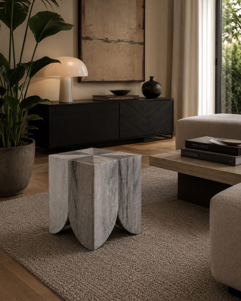 Atlas collection: white veined marble side table beside a sofa