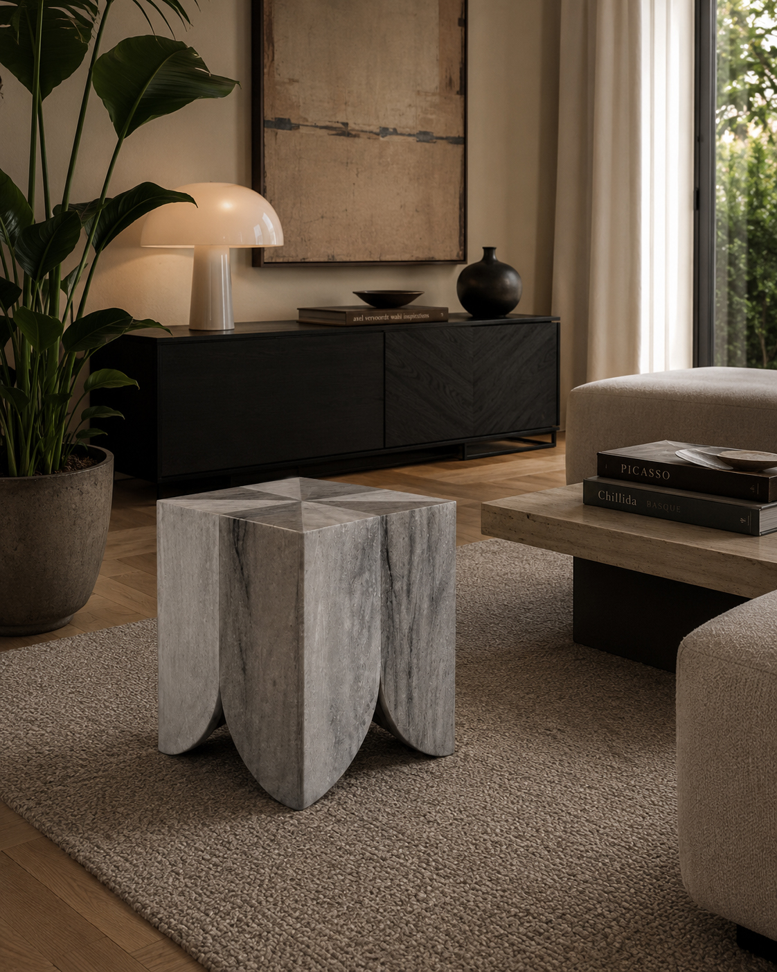 Atlas collection: white veined marble side table beside a sofa