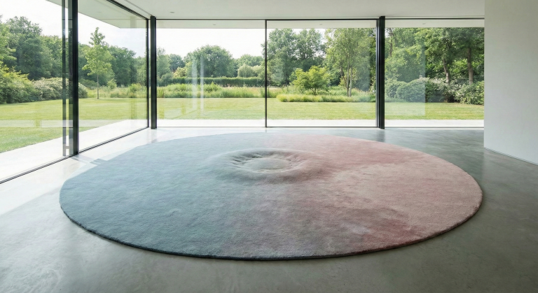 The Cape Series indoor rug: round grey rug on a stone floor before full-height windows