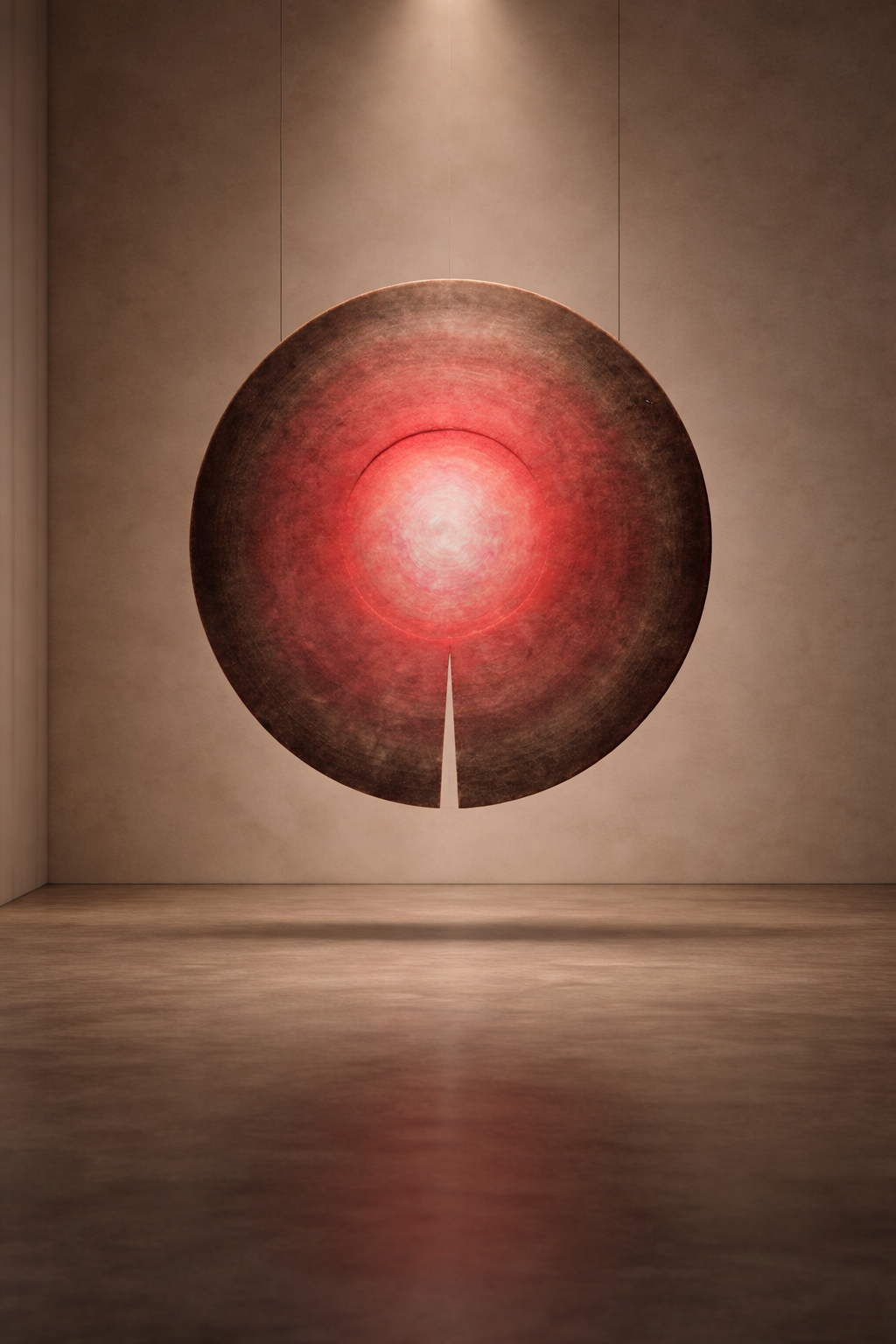 The Cape Series indoor rug: round rug with a red-to-black gradient hung on a wall