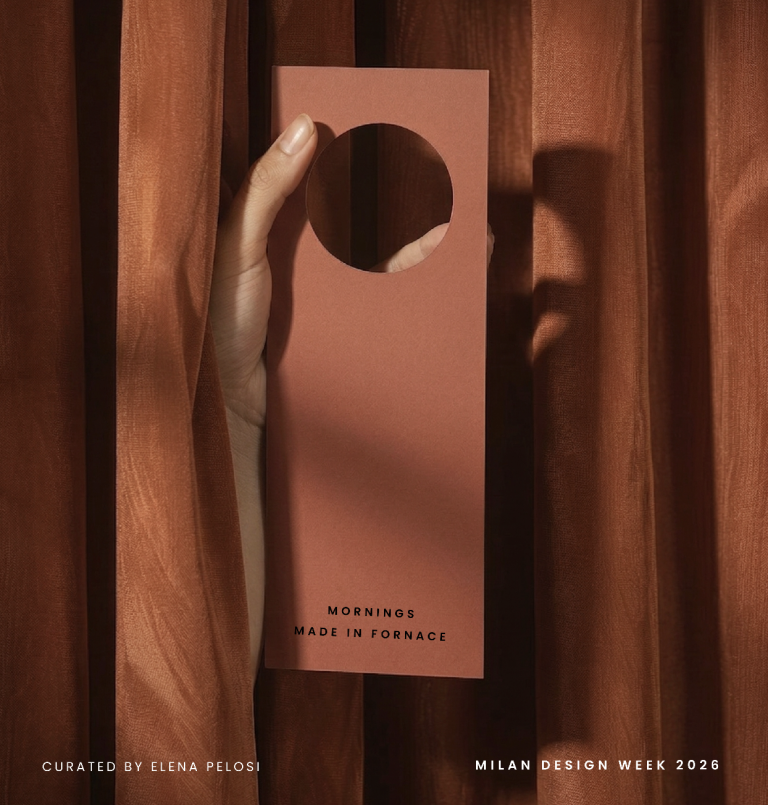 Poster for Mornings Made in Fornace, curated by Elena Pelosi for Milan Design Week 2026: a hand holding a terracotta door hanger.