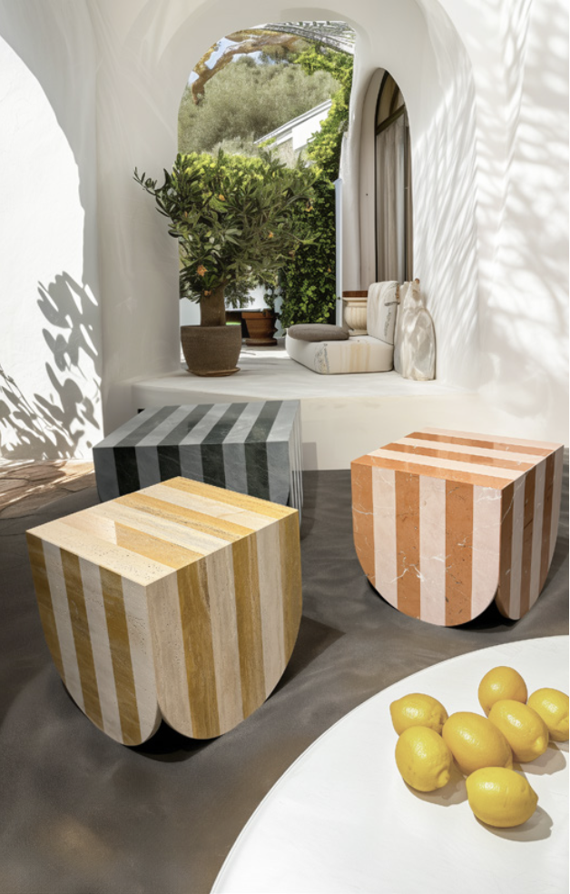 Architectural Digest Middle East: ADLoves Downtown Design Riyadh, striped ceramic stools under an arch