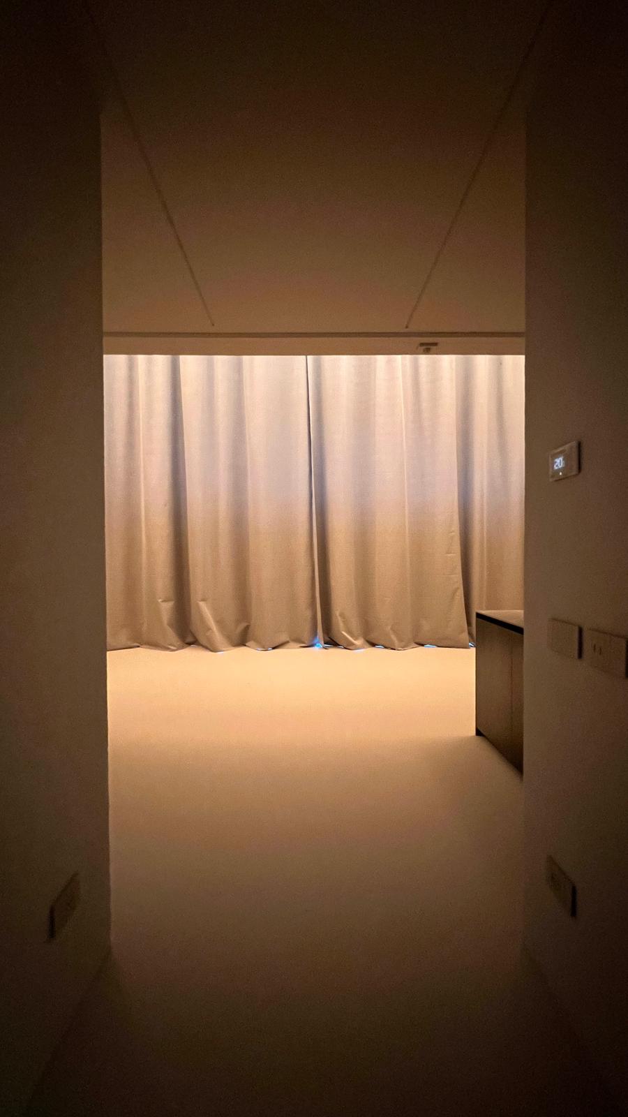 The Brutalist Grid: dark corridor opening onto a room with sheer curtains