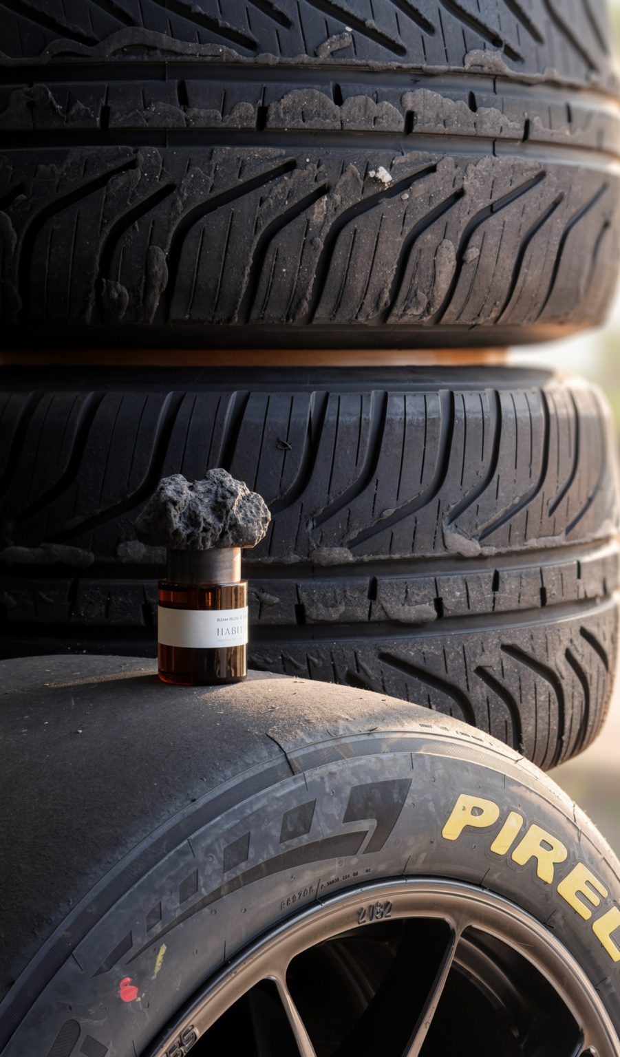 HABITARE Special Racing Edition fragrance, a bottle topped with a raw stone, set on a stack of racing tyres.