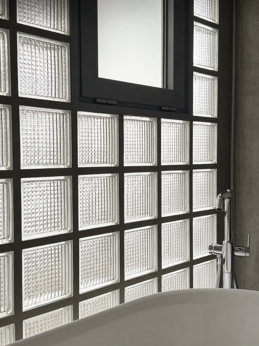 The Brutalist Grid: glass block wall and a freestanding bathtub
