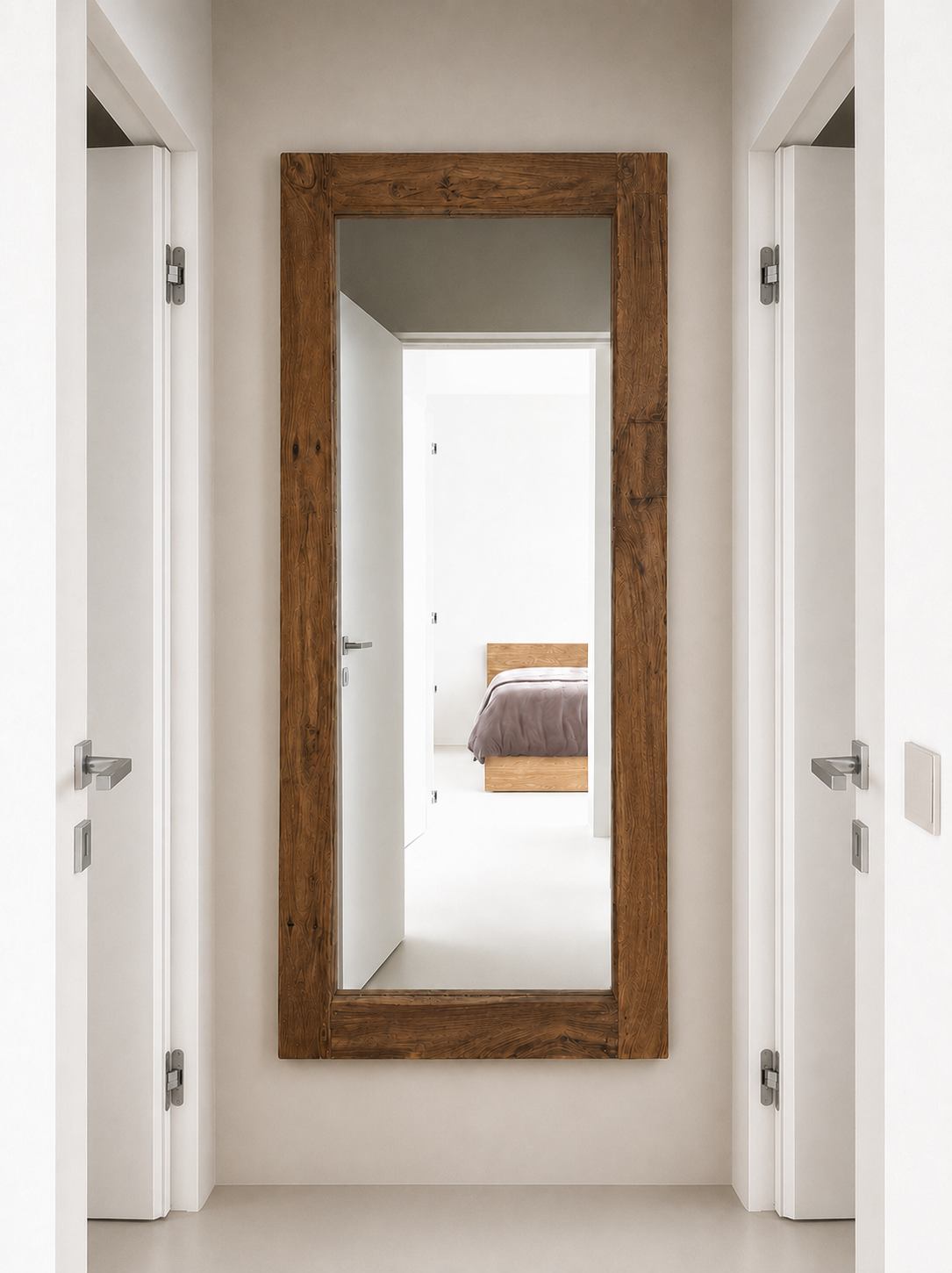The Brutalist Grid: reclaimed-wood framed mirror in a white hallway