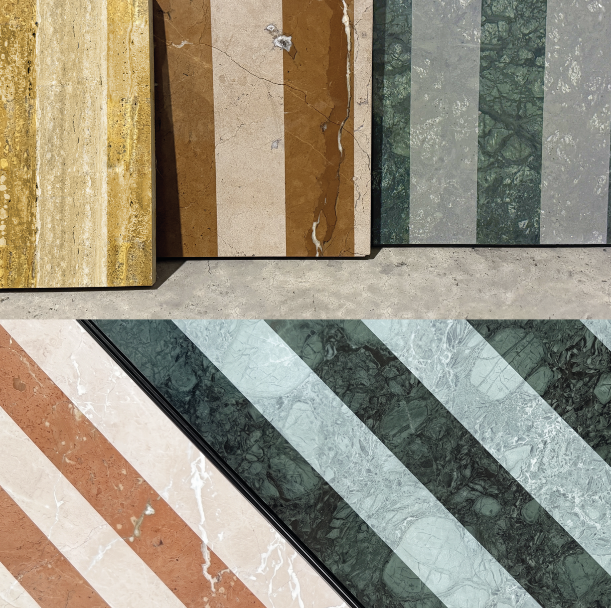 Marble leftovers research: striped slabs made from leftover marble in beige, brown, green and grey