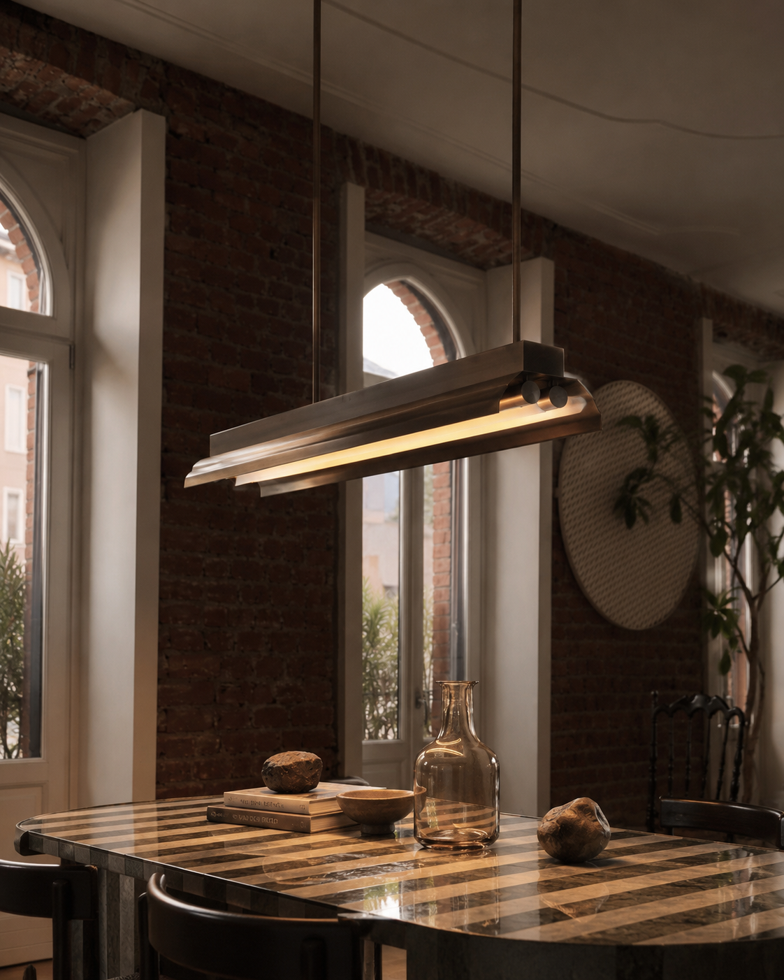 Concept render of Linear Lamp 01, a slim pendant light over a striped stone table in a brick room with arched windows.