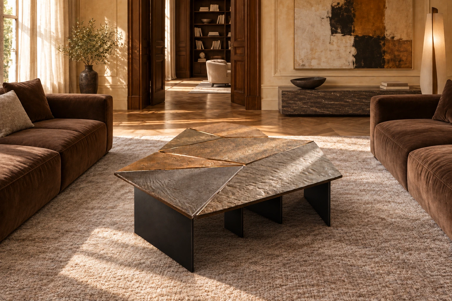 Kurinuki modular coffee table between two facing sofas, with textured cocciopesto tops and flat black metal plate bases.