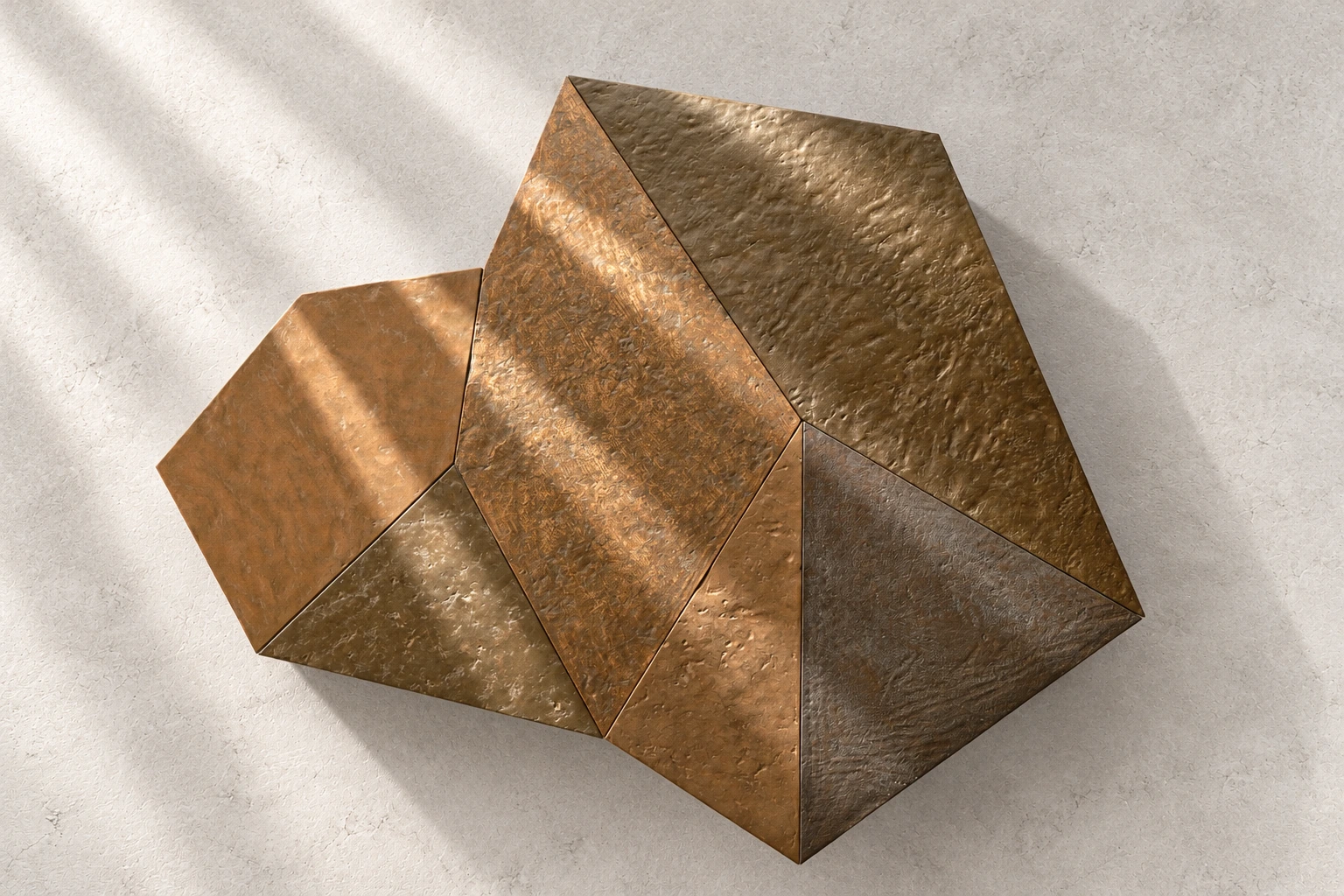 Overhead view of all six Kurinuki modules assembled into one asymmetric coffee table.