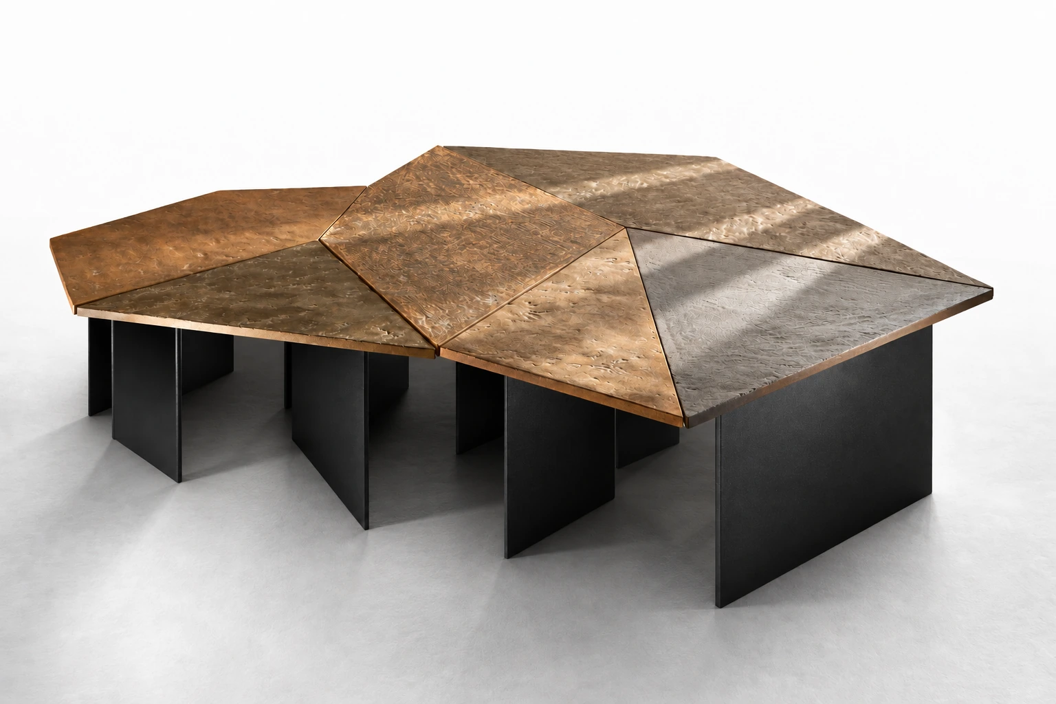 Reverse view of Kurinuki showing the polygonal cocciopesto tops and broad flat metal supports.