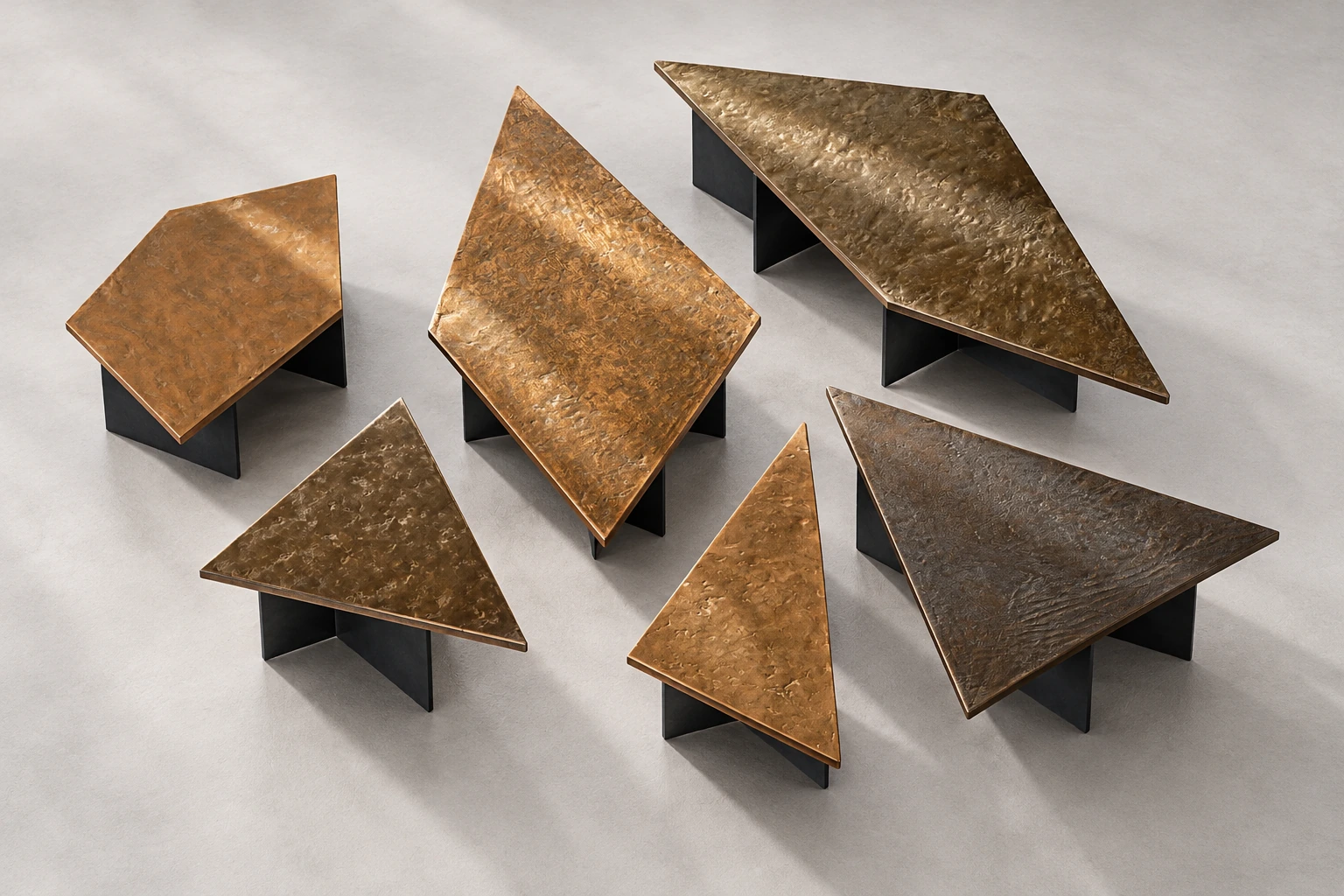 Exploded view of the six separate Kurinuki coffee-table modules, each with flat black metal plate supports.
