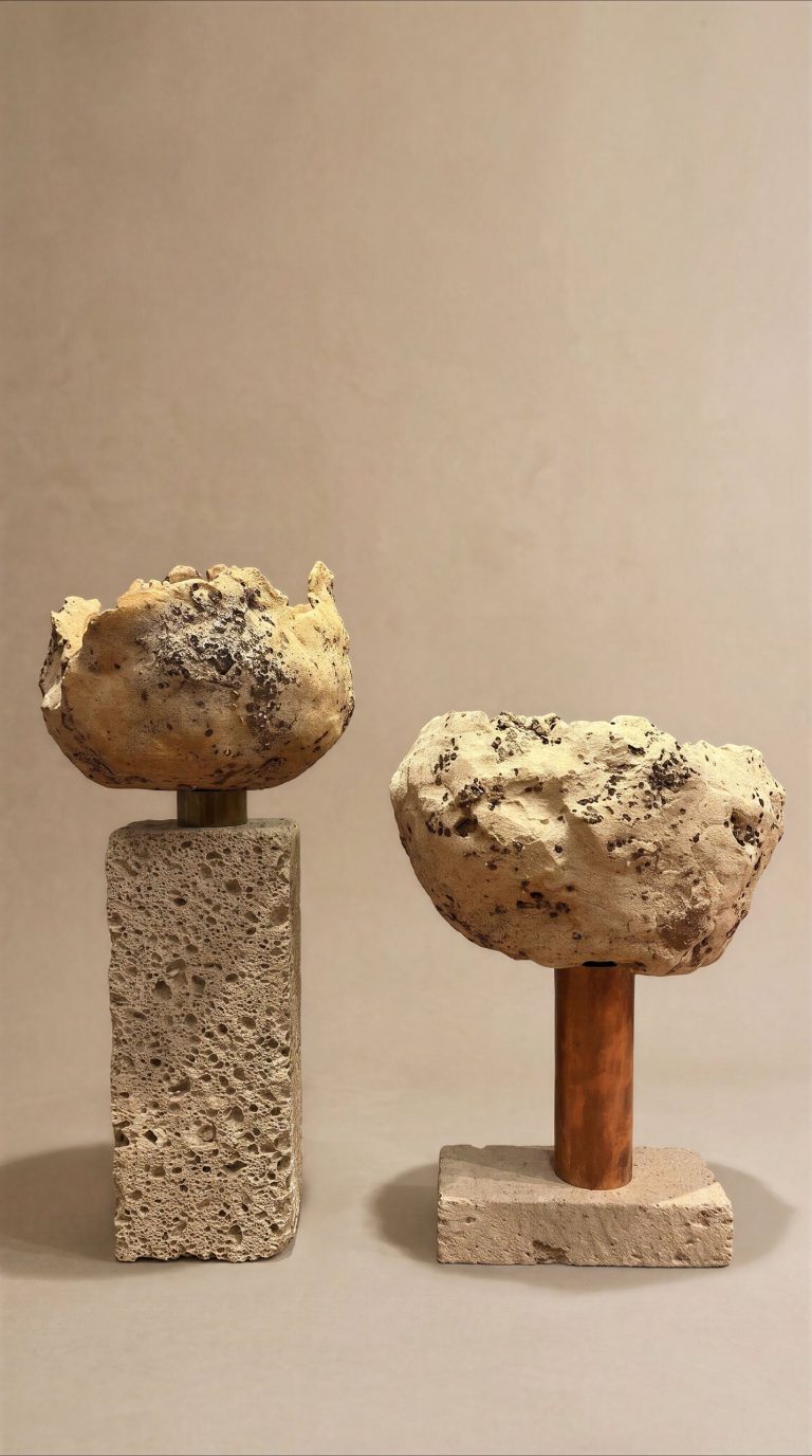 Urban Remains by Elena Pelosi: two ceramic vessels, one on a reclaimed stone block, one on a copper stem