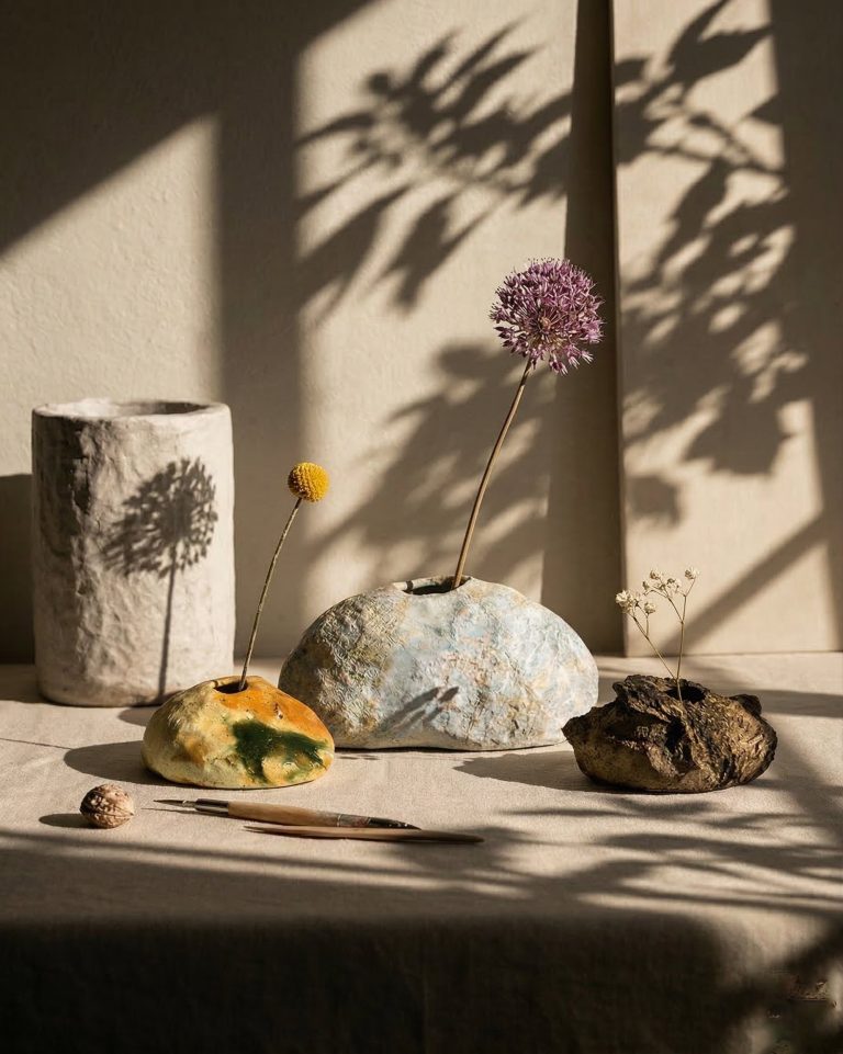 Superbloom by Elena Pelosi: ceramic stones and a vase holding single flowers, in raking sunlight
