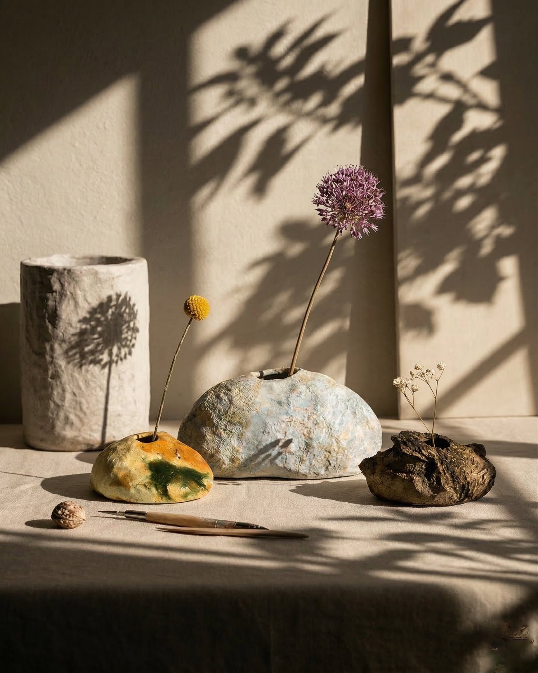 Superbloom by Elena Pelosi: ceramic stones and a vase holding single flowers, in raking sunlight
